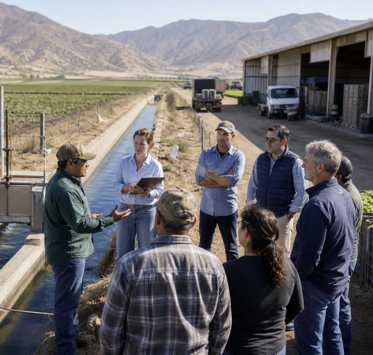 Farm and water managers meeting during harvest season